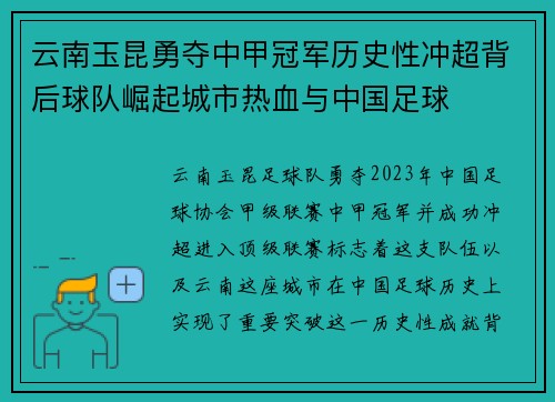 云南玉昆勇夺中甲冠军历史性冲超背后球队崛起城市热血与中国足球